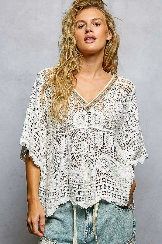 POL V-Neck Crochet Top with Scalloped Hem