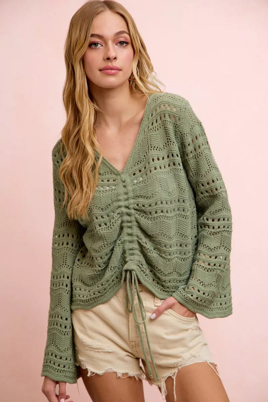 BiBi Pointelle Knit V Neck Ruched Front Lightweight Top