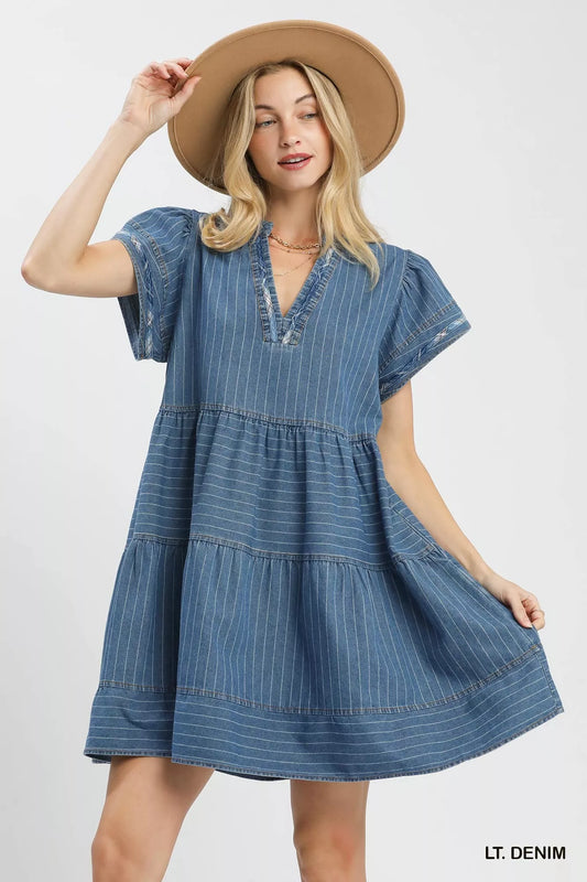 Umgee Chambray Tiered Babydoll Dress