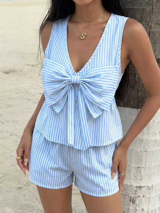 Striped Bowknot Sleeveless Top & Shorts Set