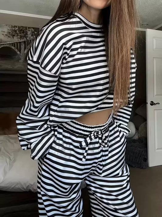 Striped Round Neck Top and Pants Set