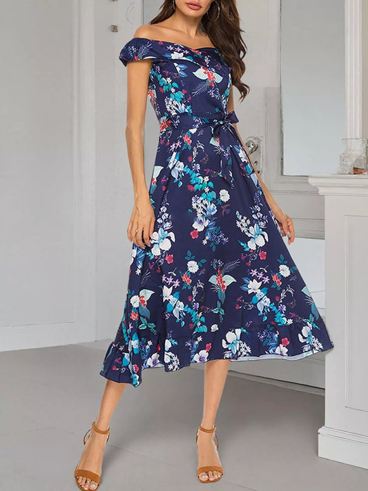 Floral Print Off Shoulder Midi Dress
