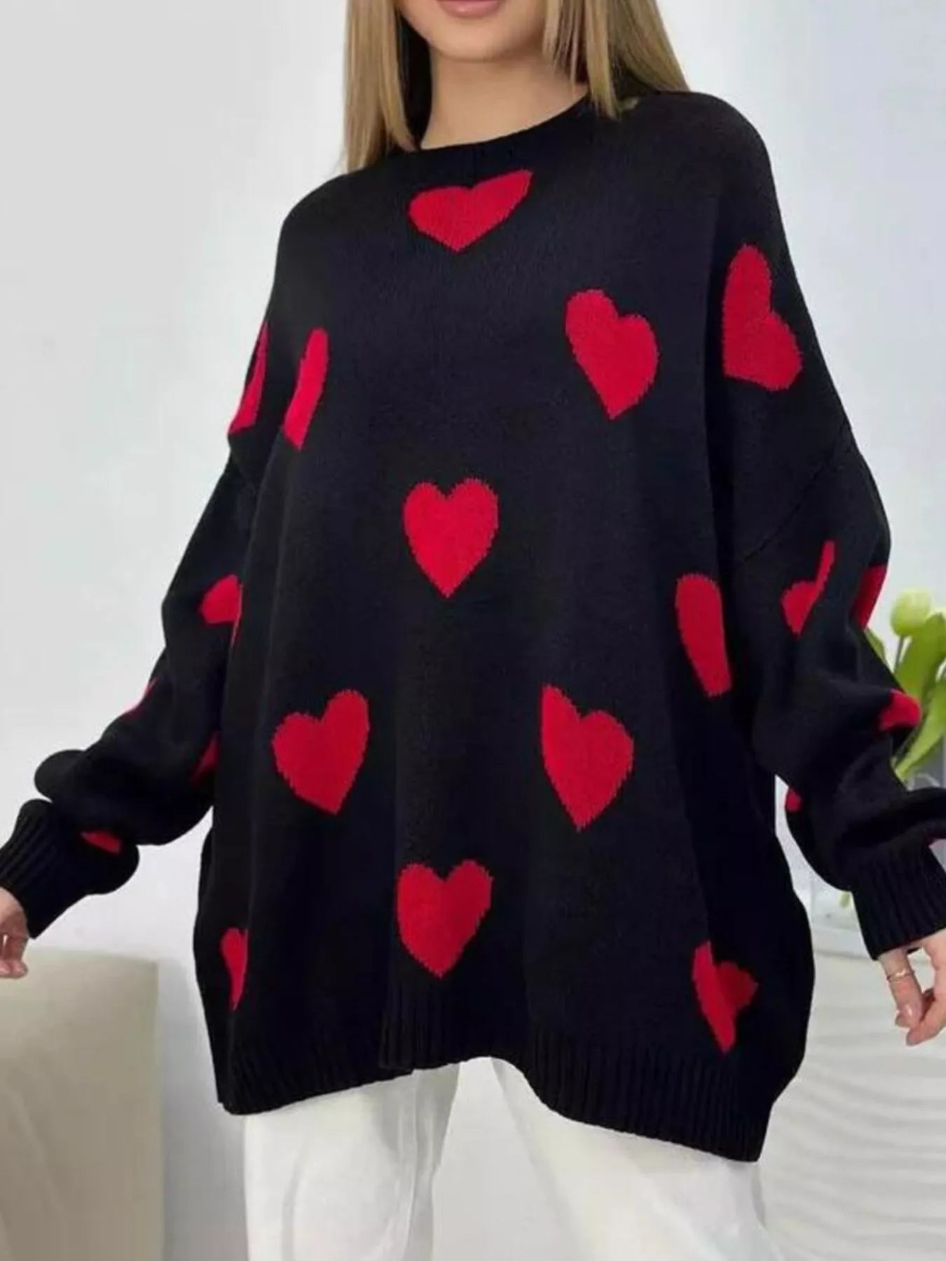 Heart Round Neck Oversized Knit Sweater