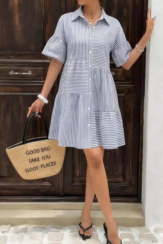 Striped Button-Up Ruffle Hem Mini Dress