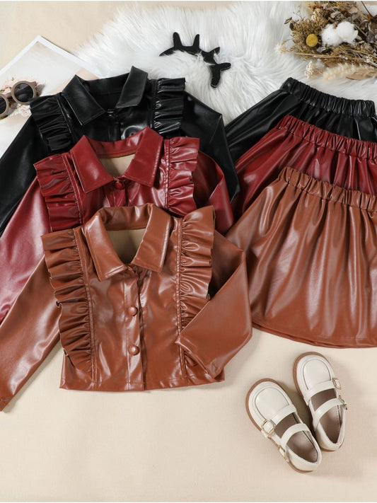Children's Ruffled Faux Leather Top and Skirt Set