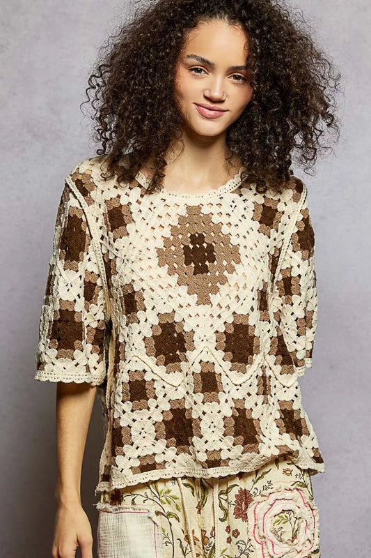 POL Round Neck Short Sleeve Color Pattern Crochet Top with Border Accents