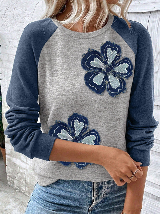 Color Block Flower Embroidered Patch Graphic Raglan Long Sleeve Top