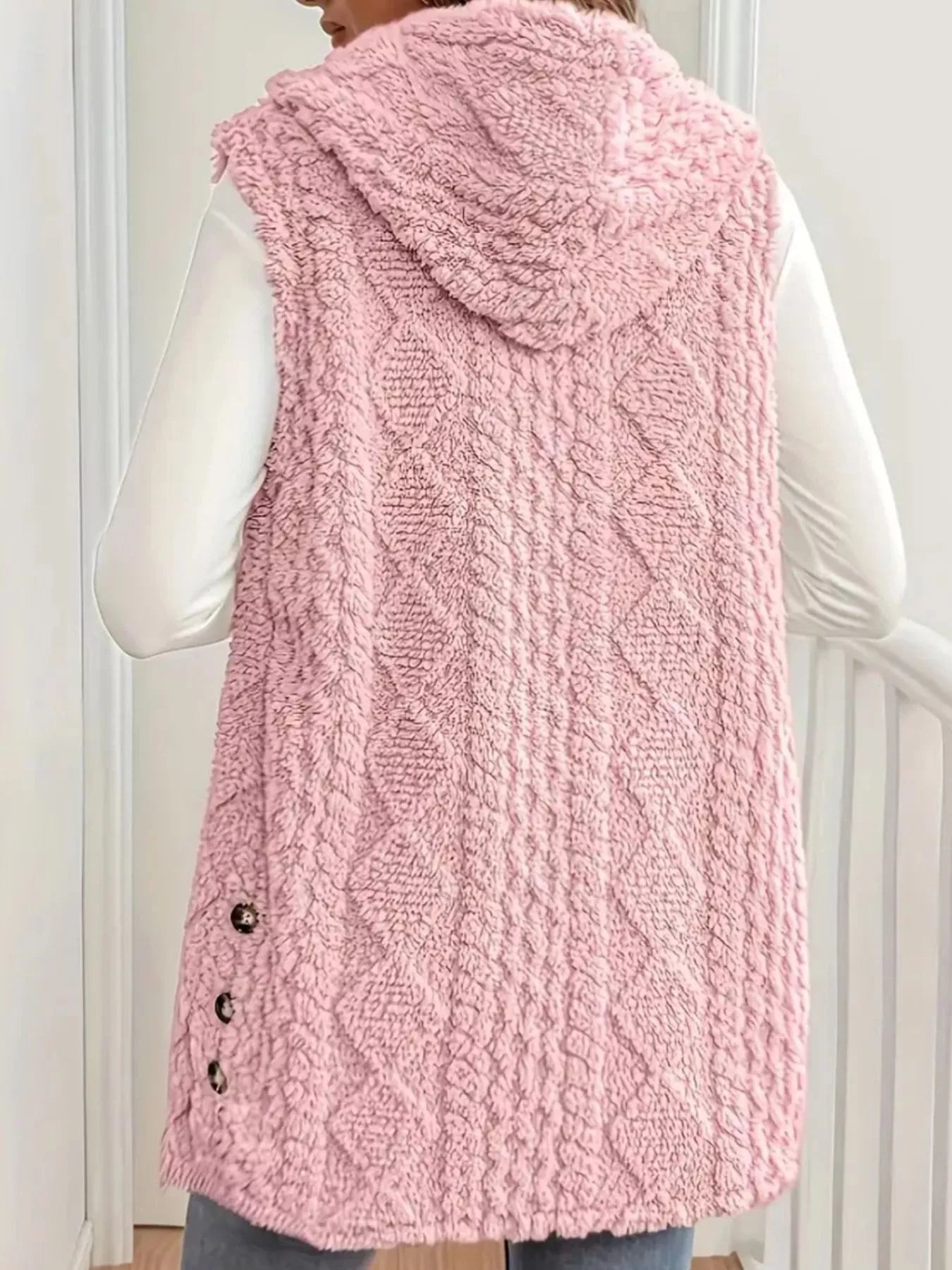 Button Up Plush Hooded Vest Coat