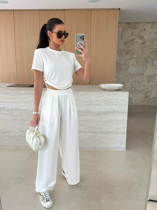 Drawstring Crop Top and Wide-Leg Pants Set