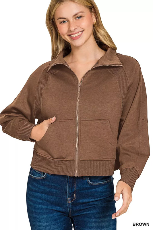 Zenana Scuba Full Zip Cropped Jacket with Pockets