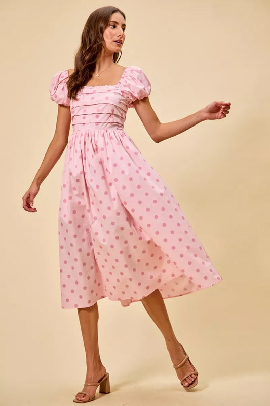 SO ME Polka Cotton Print Short Sleeves Midi Dress