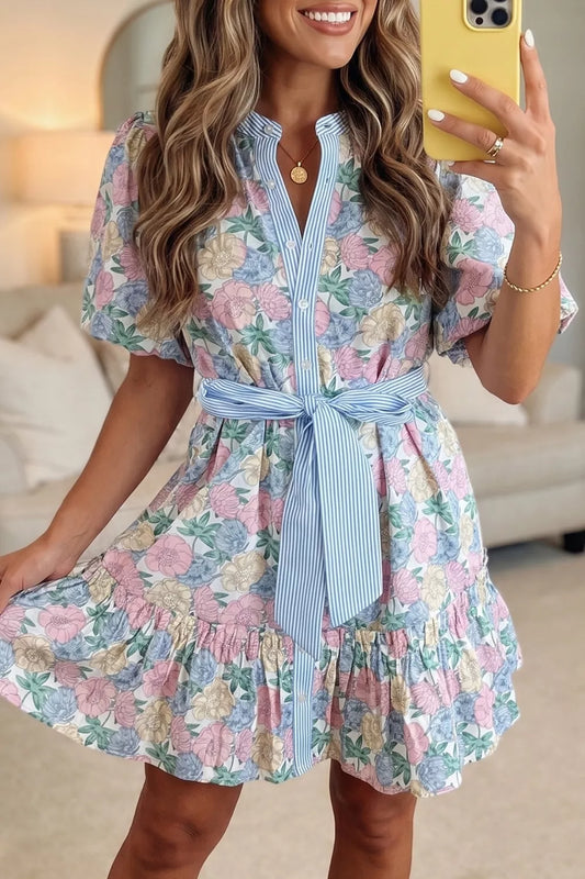 Floral Print Striped Contrast Trim Belted Short Dress