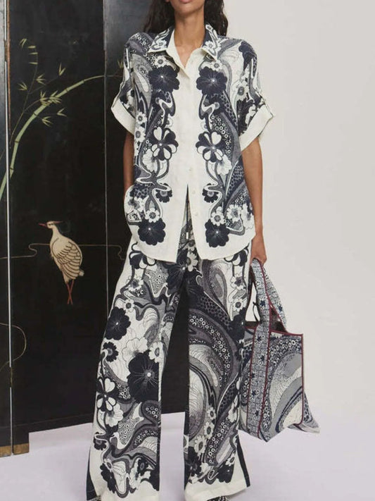 Printed Button Up Shirt and Pants Set