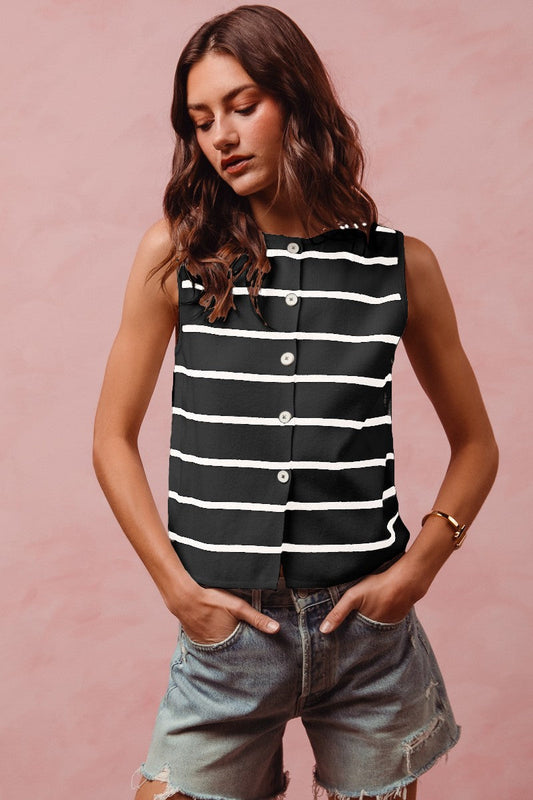 SO ME Button Front Stripe Fine Sweater Sleeveless Top