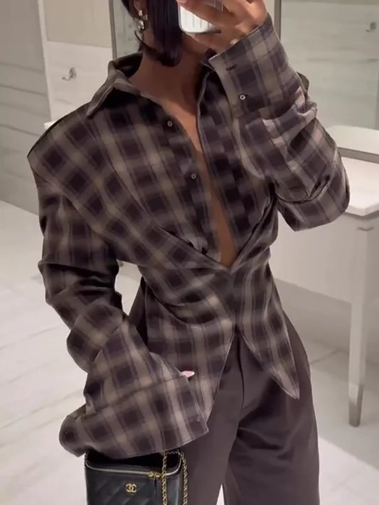 Ruched Plaid Long Sleeve Shirt