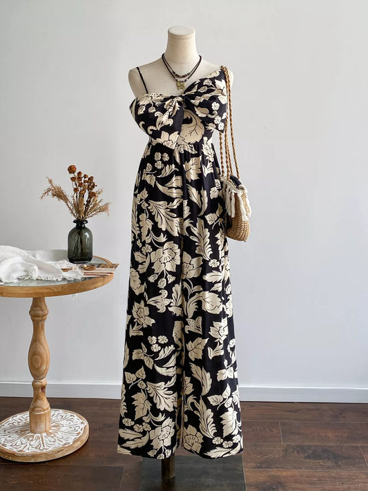 Floral Print Bowknot Wide Leg Jumpsuit
