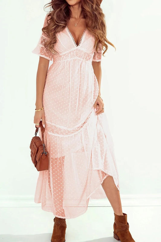 Polka Dot V-Neck Ruffle Midi Dress