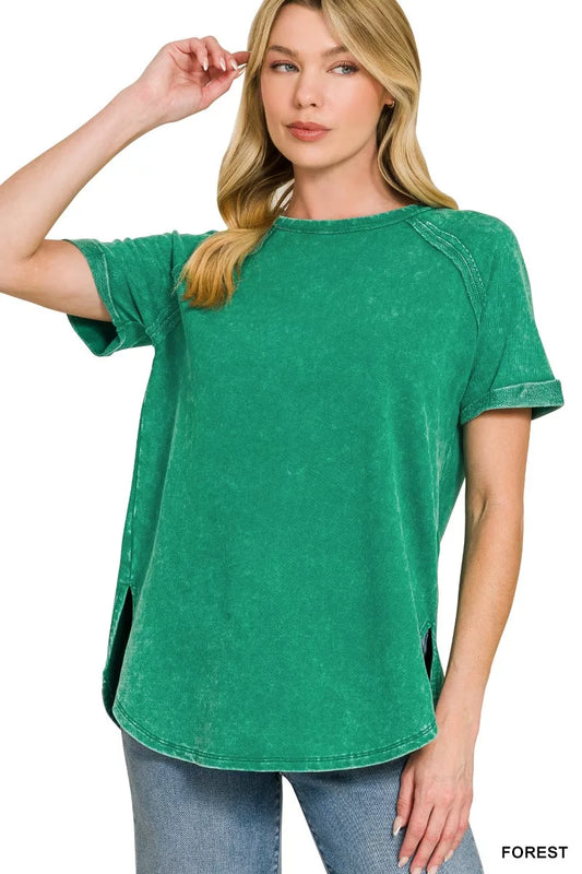 Zenana French Terry Washed Curved Hem Top