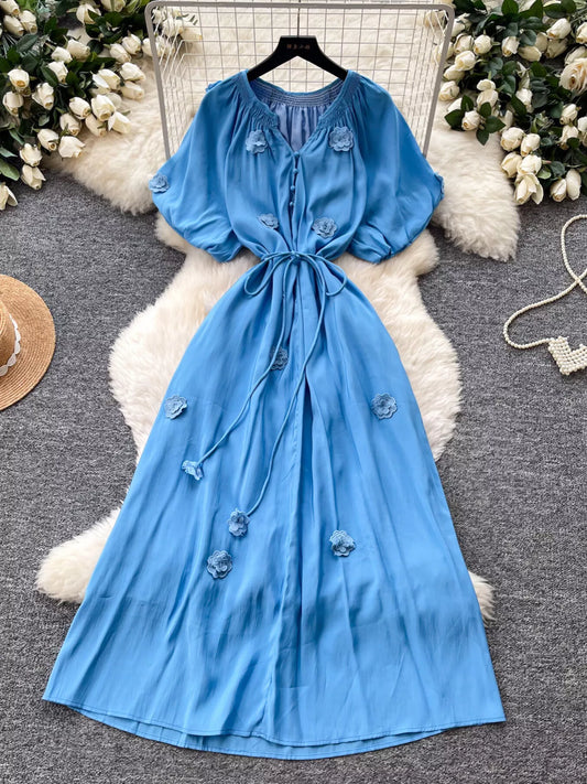 Floral Decor Tie Waist Puff Sleeve Dress