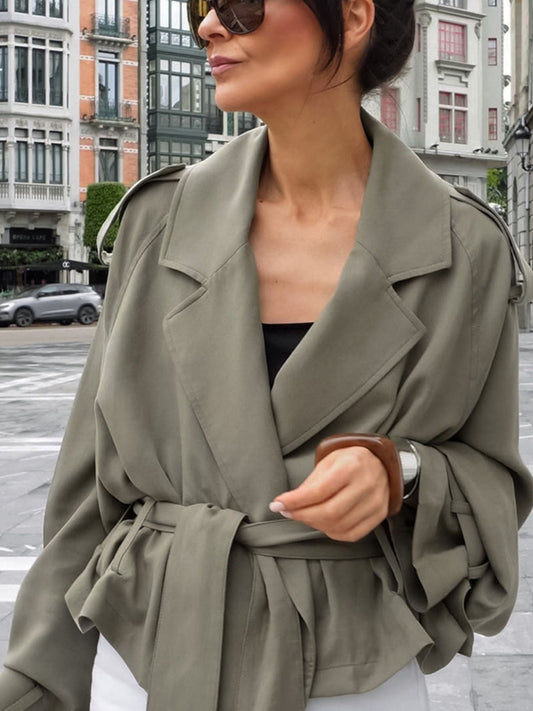 Lapel Collar Tie Waist Trench Jacket