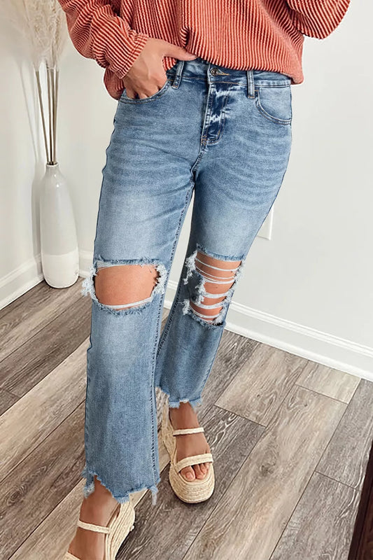 Raw Hem Ripped Open Knee Fit Flare Jeans