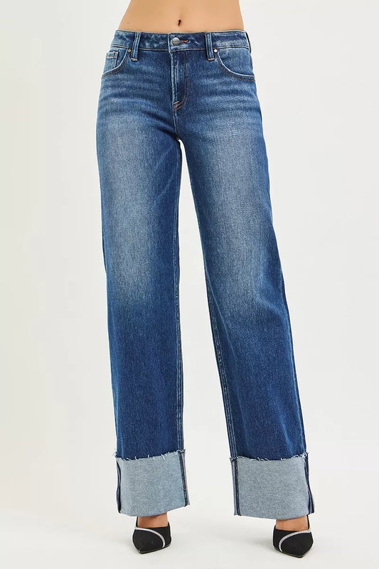 RISEN Mid Rise Wide Straight Jeans With Wide Cuff