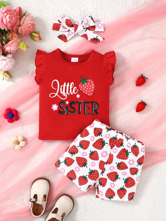 Children's Strawberry Print Ruffle Sleeve Top and Shorts Set