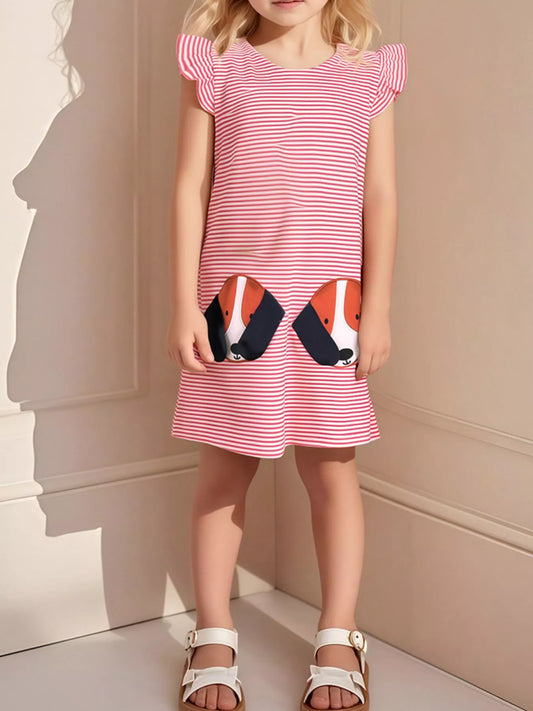 Children's Dog Striped Ruffled Dress