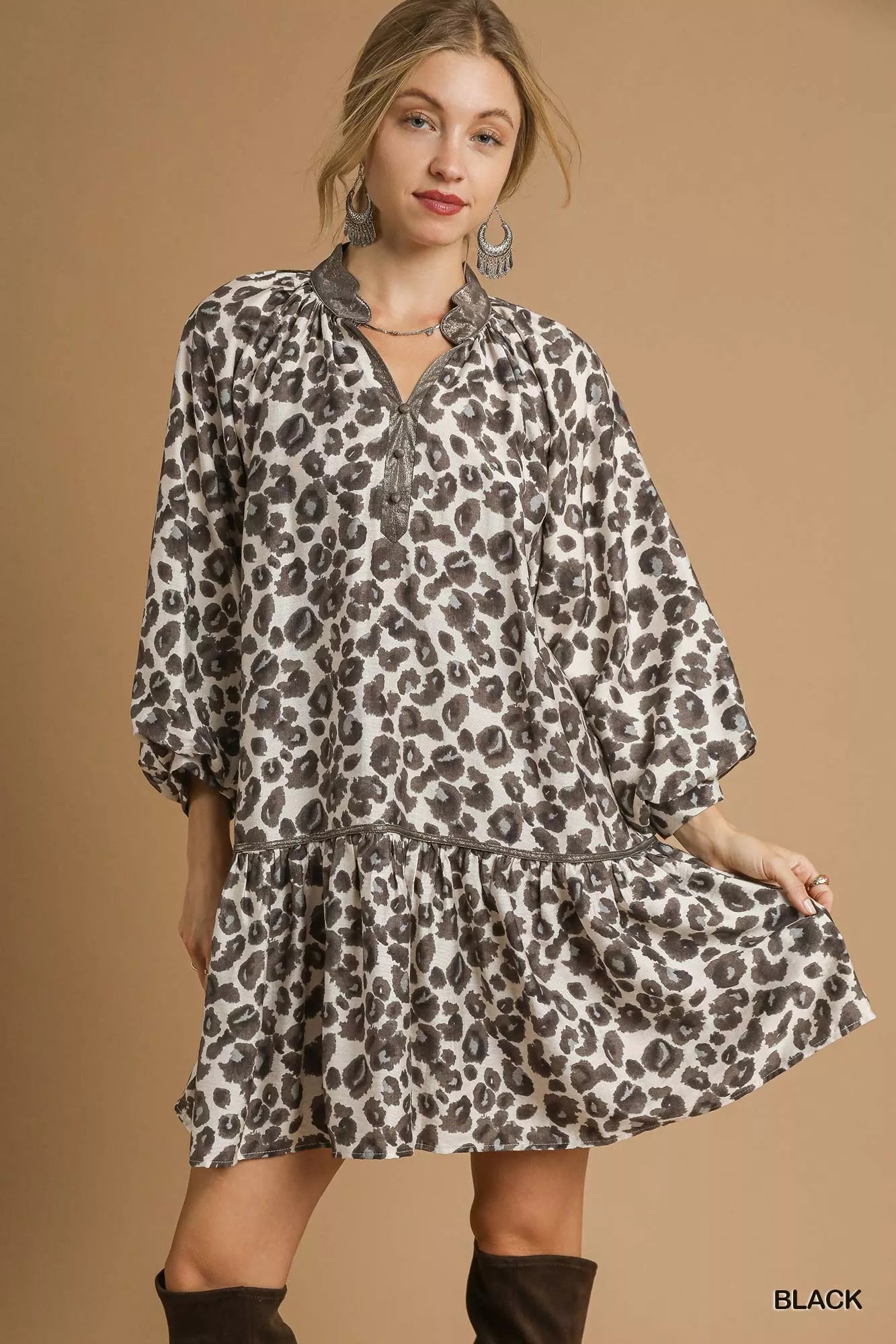 Umgee Leopard Print Tiered Mini Dress