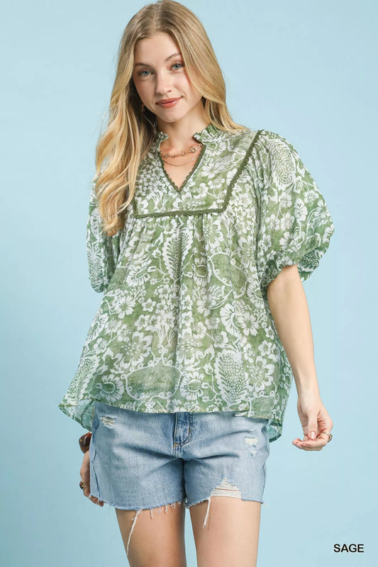 Umgee Abstract Print Ruffled Puff Sleeve Top