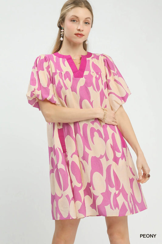 Umgee Abstract Print Puff Sleeve Shift Dress