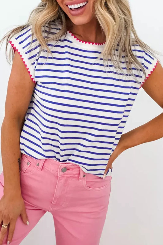 Stripe Contrast Trim Round Neck Cap Sleeve Tee