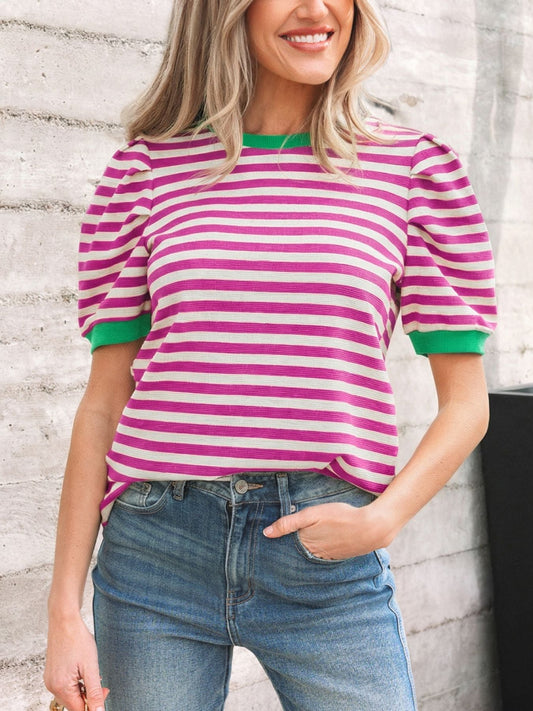 Stripe Short Puff Sleeve Contrast Trim Round Neck Tee