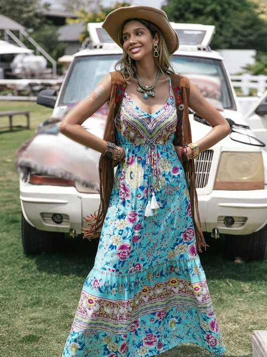 Tassel Floral Print Tiered Cami Dress