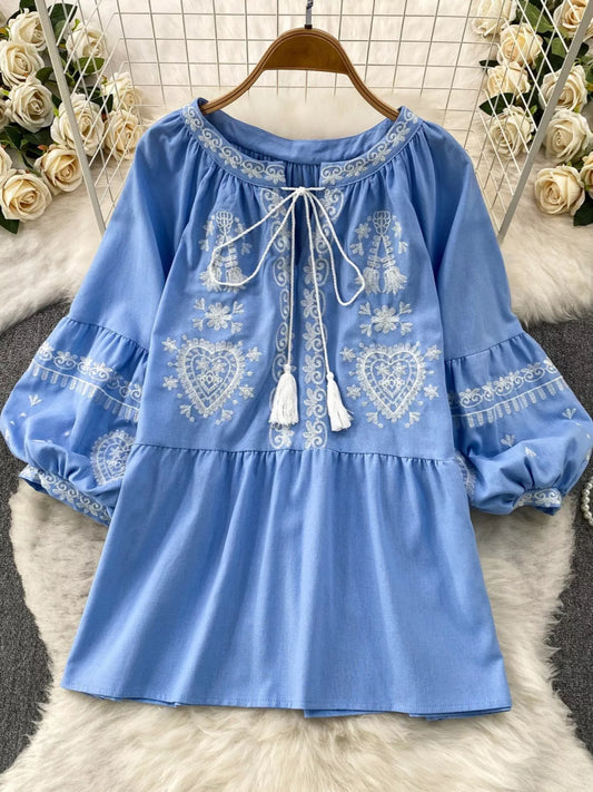 Embroidered Tie Neck Blouse