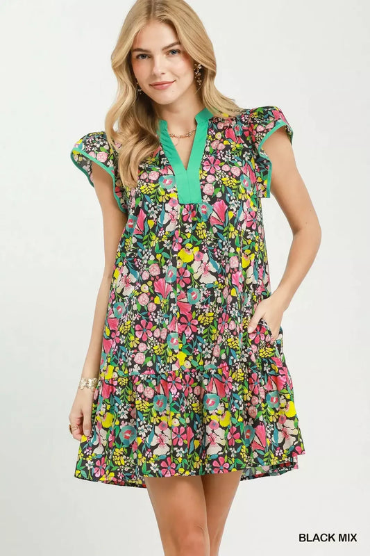 Umgee Floral Flutter Sleeve Tiered Mini Dress