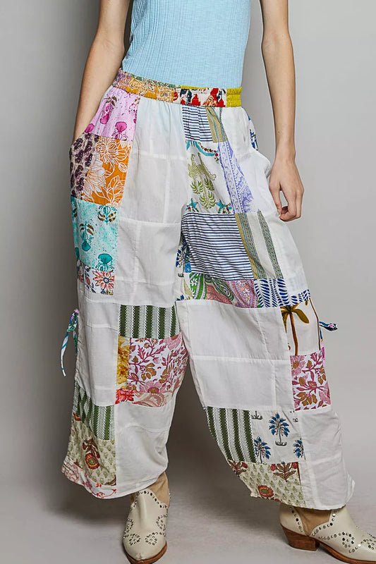 POL Printed Patchwork Wide Leg Pants with Adjustable Side Drawstring