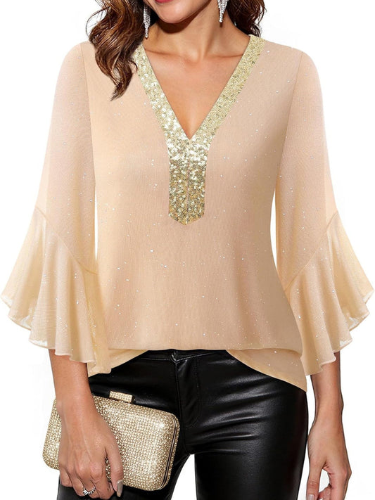 Sequin V-Neck Flounce Sleeve Blouse