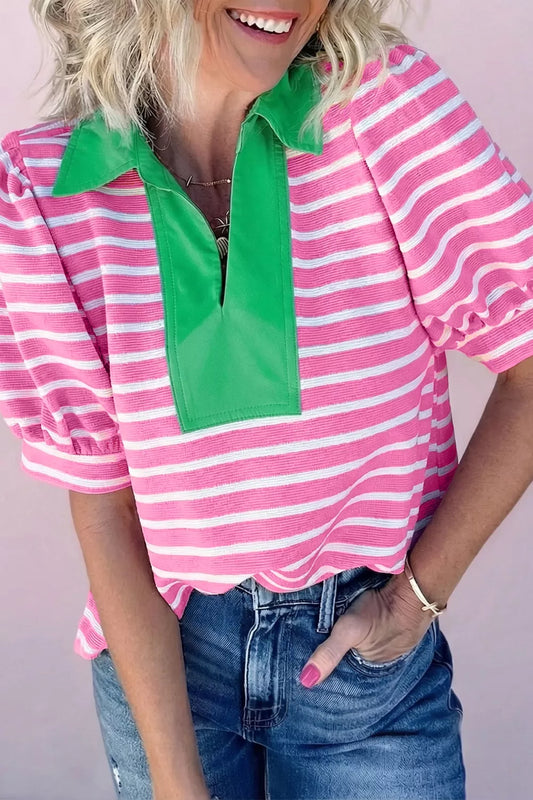 Stripe Short Puff Sleeve Color Block Polo Collar Blouse