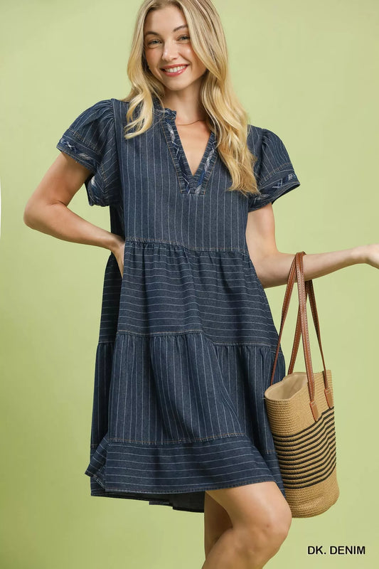 Umgee Chambray Tiered Babydoll Dress