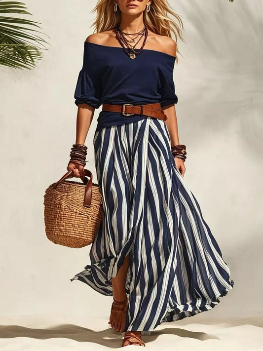 Off Shoulder Top and Striped Maxi Skirt Set