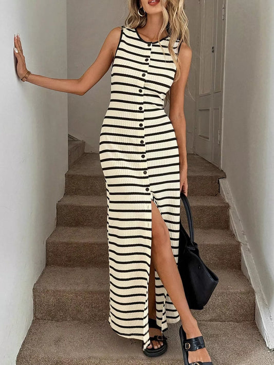 Striped Button-Front Sleeveless Slit Maxi Dress