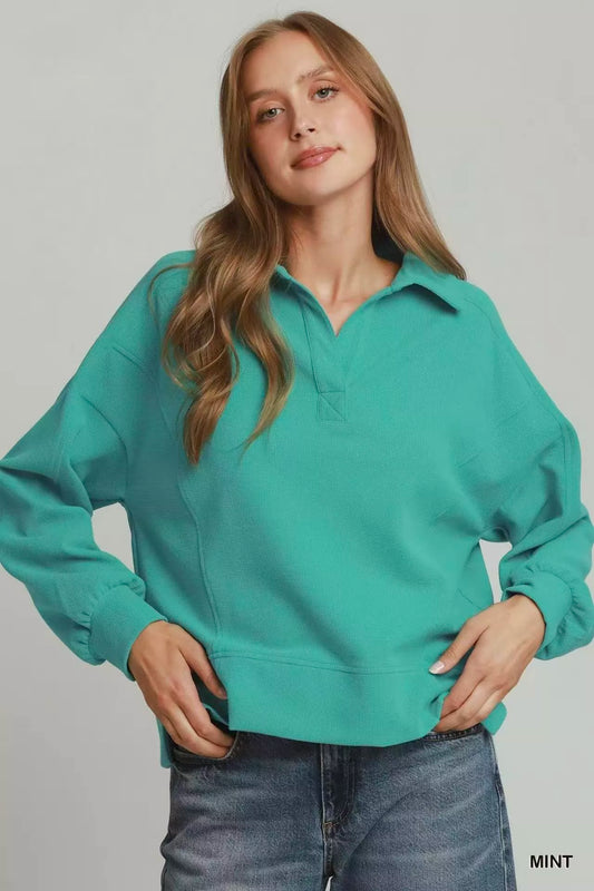 Umgee Brushed Waffle Polo Collared Pullover