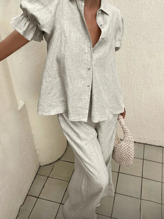 Plus Size Button-Down Shirt and Wide-Leg Pants Set