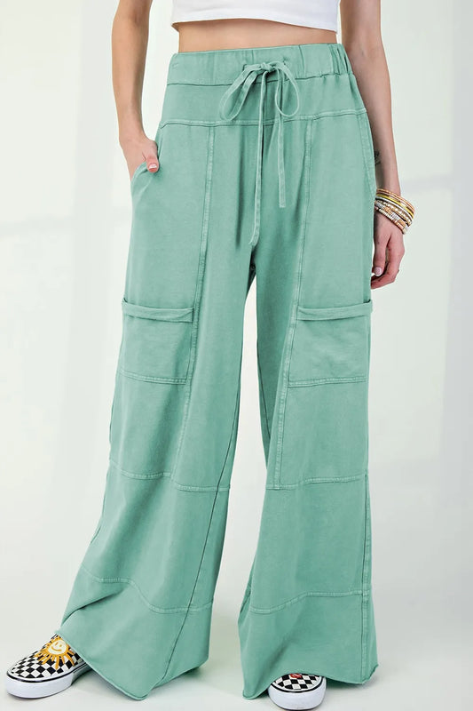 Mineral Wash Exposed Seam Drawstring High Waist Wide Leg Cargo Pants