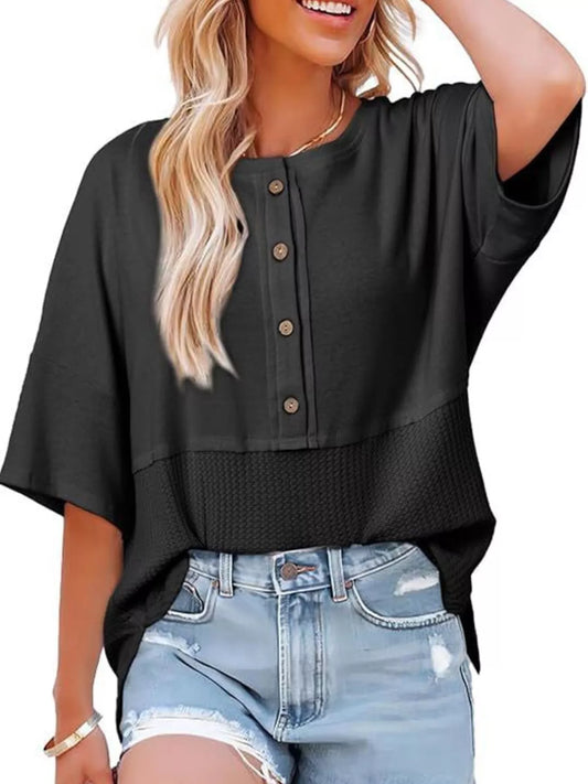 Button Detail Texture Knit T-Shirt