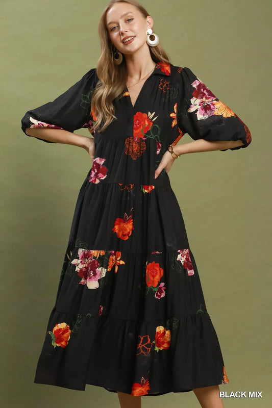 Umgee Floral Print Tiered Midi Dress with Puff Sleeves