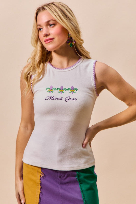 SO ME Mardi Gras Tank Top With Contrast Blanket Stitch