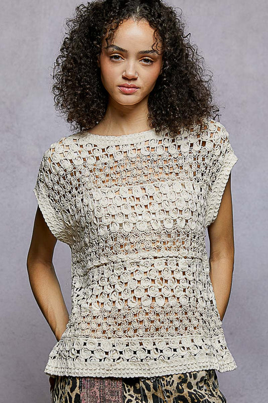 POL Openwork Round Neck Crochet Top