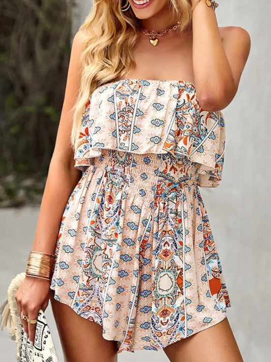 Printed Tube Smocked Waist Romper